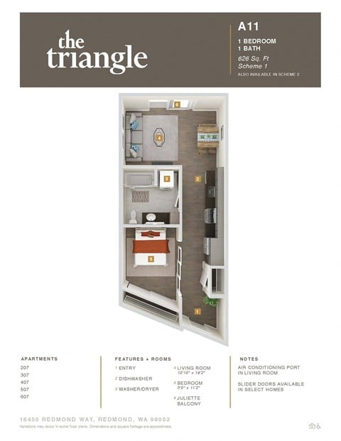 Floor plan for 1 bed, 1 bath, 626 sqft